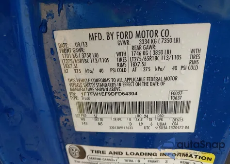 2013 Ford F-150 Xlt из США, поврежденный, VIN 1FTFW1EF9DFD64304